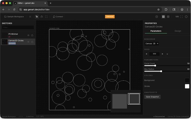 genart web editor showing the infinite canvas in a browser