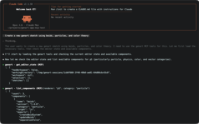 Claude Code creating a sketch via MCP tools in the terminal