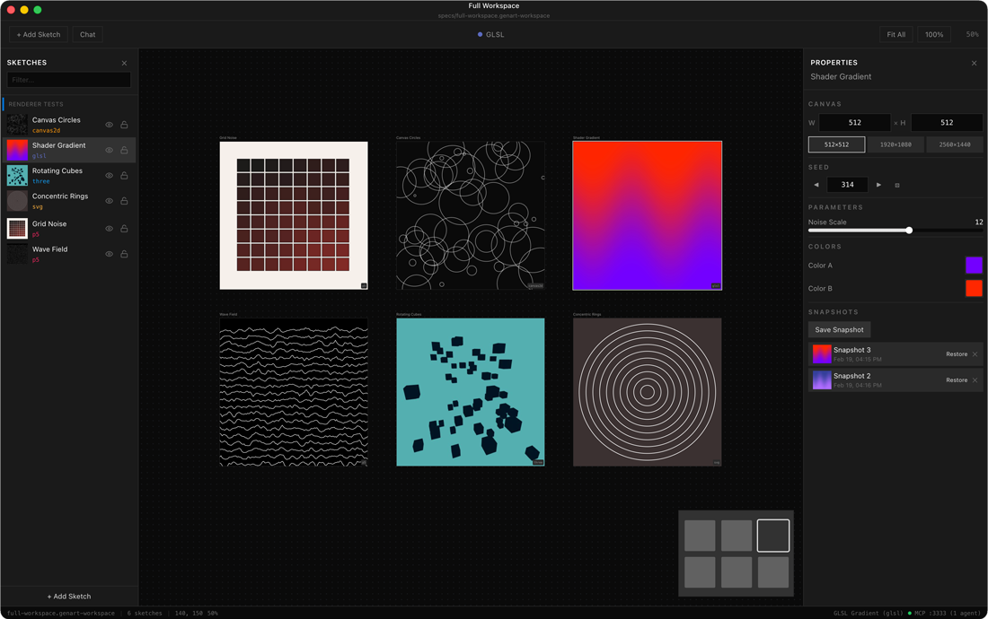 genart desktop app showing multiple sketch artboards on an infinite canvas